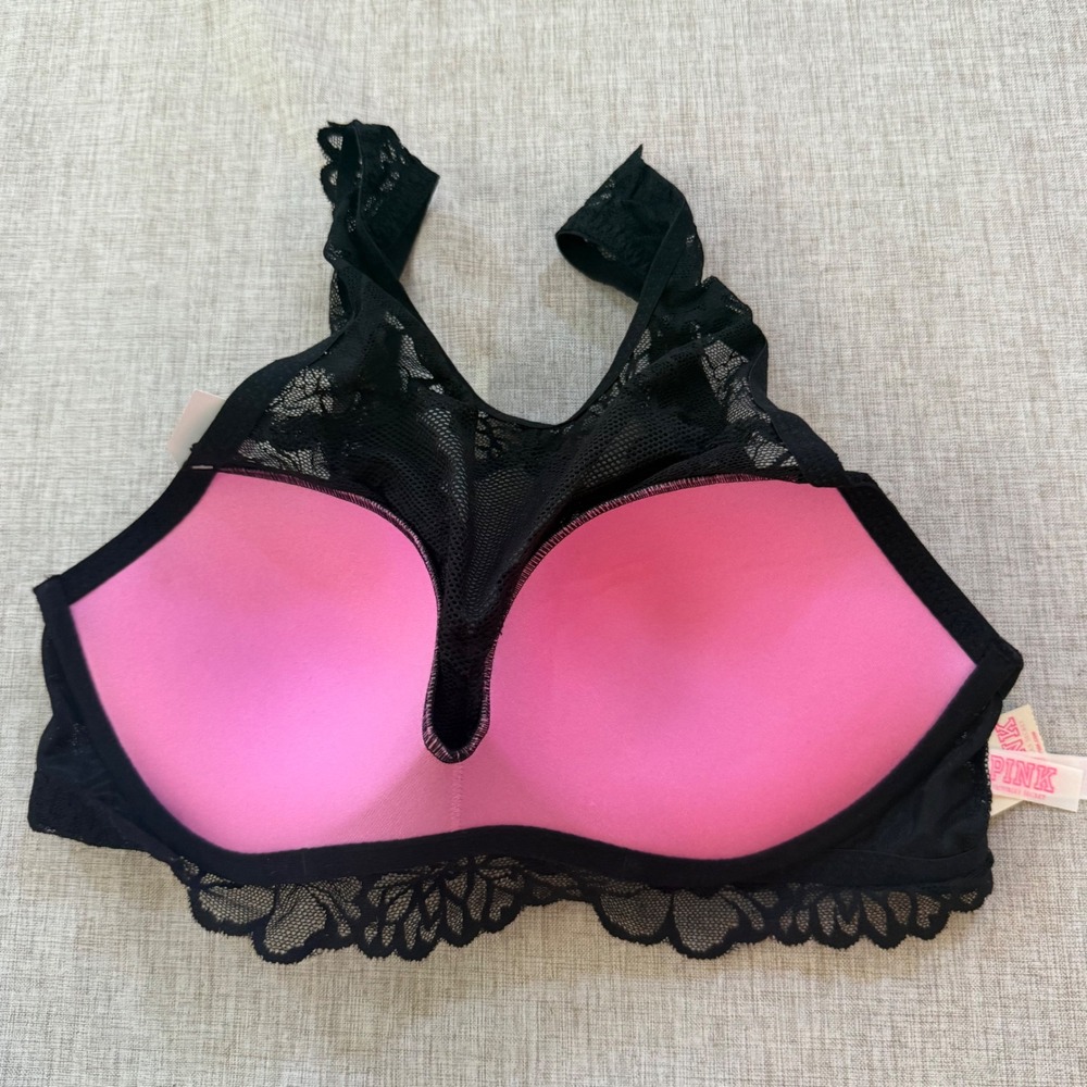 Pink Victoria's Secret Lace Bralette Medium Push Up Longline Black NWT 11085538 - Picture 3 of 6